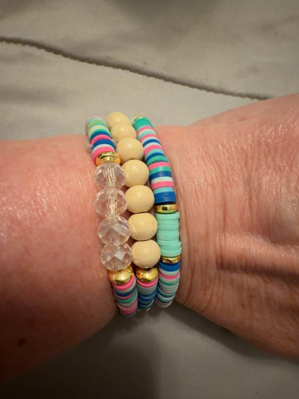 Colorful Stackable Women’s Beaded Bracelet Set - Pink, Blue, Cream